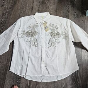 White Embellished Button-Up Blouse with Sequin Detail